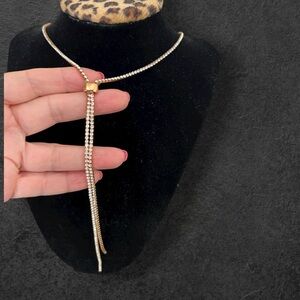 Super long clear rhinestones necklace gold tone